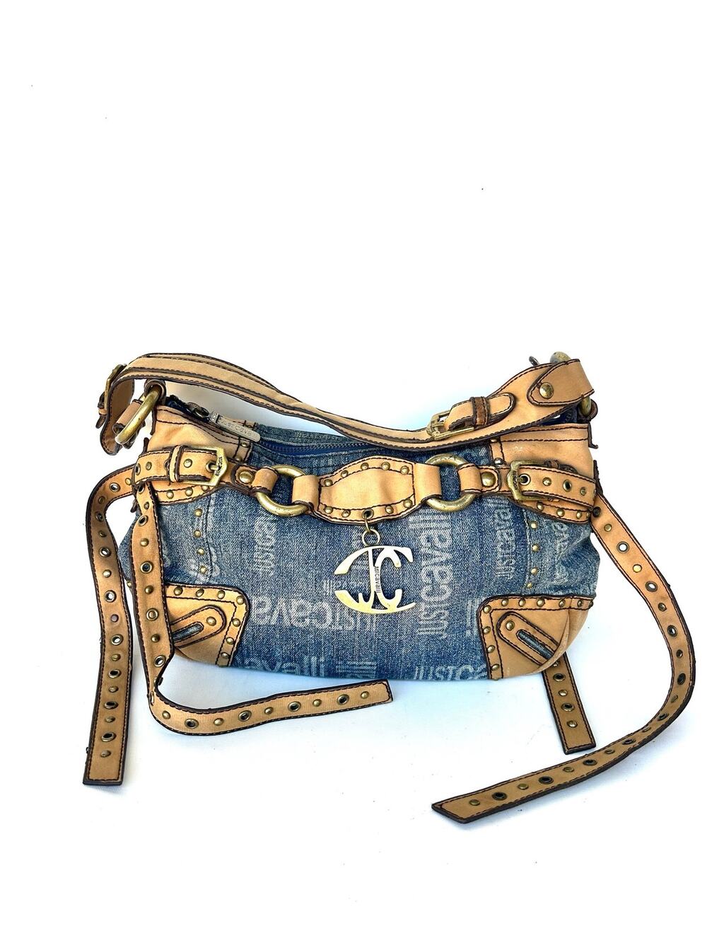 Vintage Y2K Roberto Cavalli Denim Baguette Bag Logo Monogram Purse Charm
